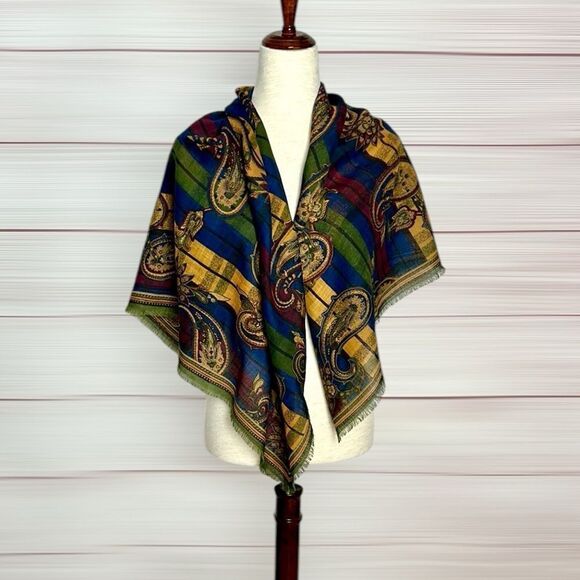 Albert Nipon Wool Square Scarf Shawl Green Blue Yellow Paisley 44x44” Vtg - Picture 7 of 11